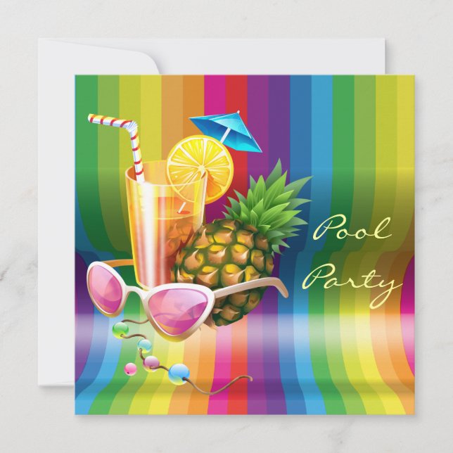 Rainbow Wave Tropical Cocktail Pool Party Invitation (Front)