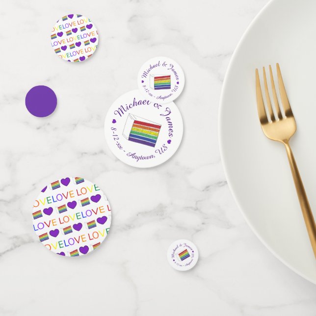 Rainbow Wedding Cake Slice Purple Heart LGBT Gay Confetti (Group)