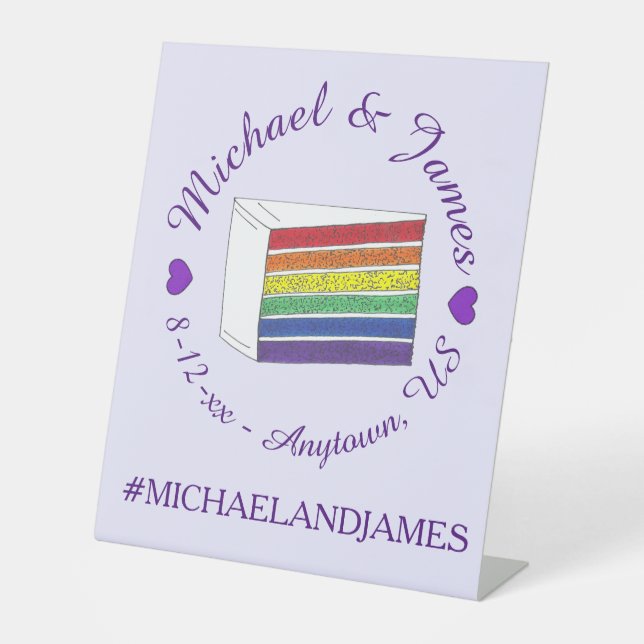 Rainbow Wedding Cake Slice Purple Heart LGBT Gay Pedestal Sign (Front)