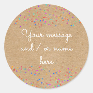 Rainbow Wedding Confetti Rustic Kraft Message Name Classic Round Sticker