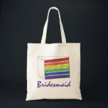 Rainbow Wedding Layer Cake Bridesmaid LGBT Pride Tote Bag<br><div class="desc">Canvas tote bag features an original marker illustration of a slice of rainbow wedding cake, with BRIDESMAID in a fun font. A perfect gift for your wedding party! This design is also available on other products. Don't see what you're looking for? Need help with customization? Contact Rebecca to have something...</div>