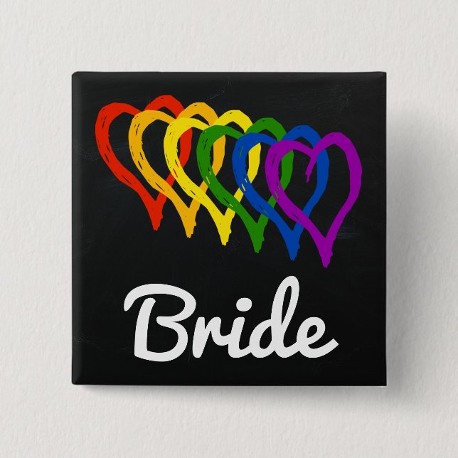 Rainbow Wedding Layered Hearts Bride 2 Inch Square Button (Front)