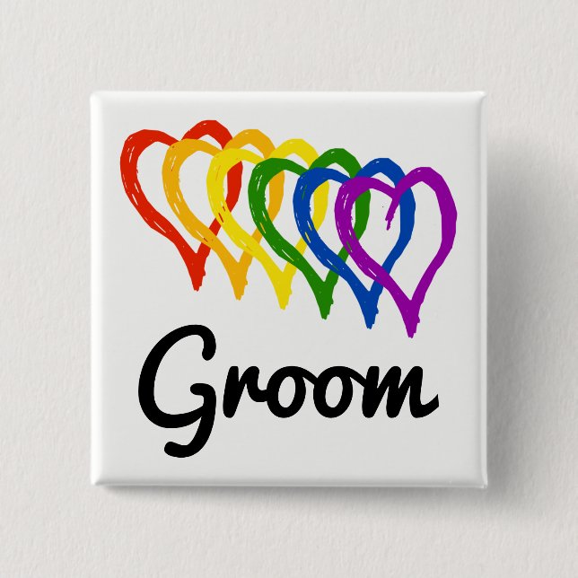 Rainbow Wedding Layered Hearts Groom 2 Inch Square Button (Front)