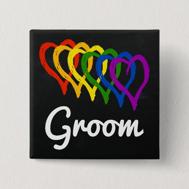 Rainbow Wedding Layered Hearts Groom 2 Inch Square Button (Front)