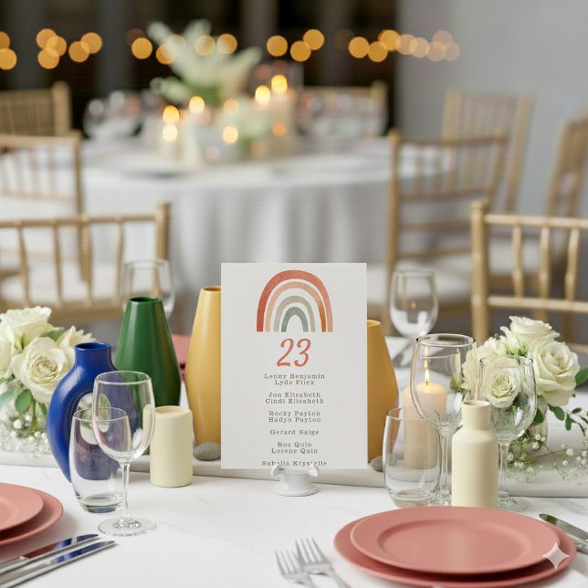 Rainbow wedding table number card guest name list (Rustic pastel rainbow wedding table number name chart place card.)