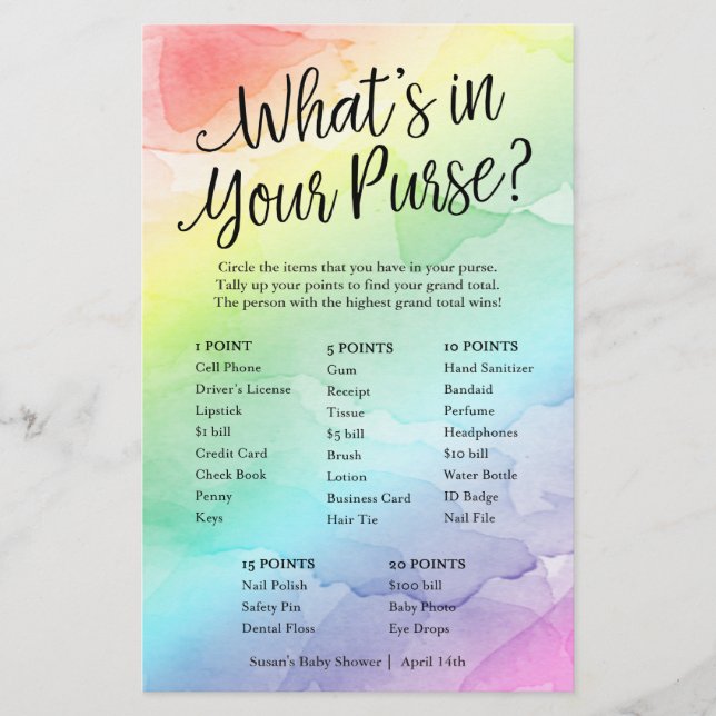 Rainbow What's in Your Purse Paper Game Card (Front)
