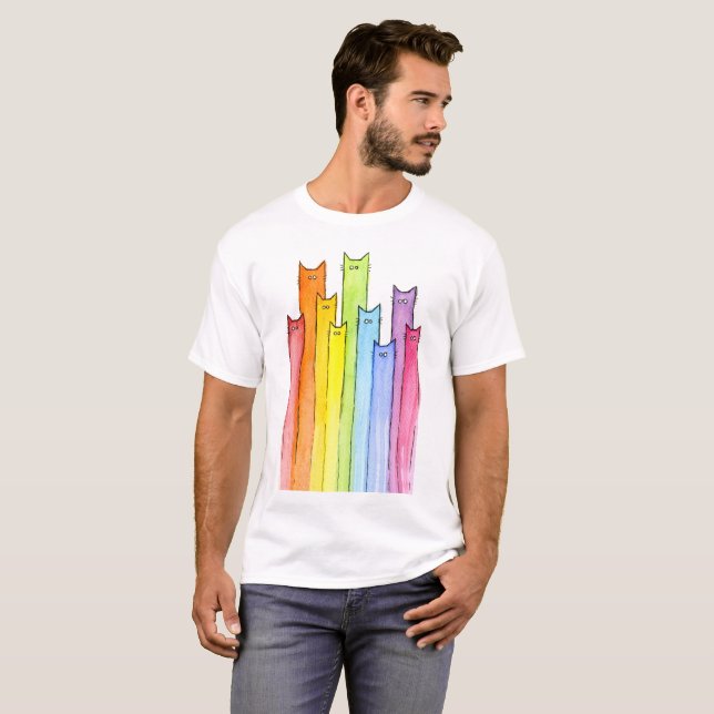Rainbow Whimsical Cats Illustration T-Shirt (Front Full)
