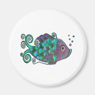 Rainbow Whimsical Fish Blue & Purple Hue Art Magnet