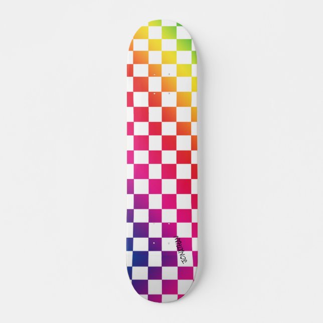Rainbow & White Checkers & Name or Text Skateboard (Front)