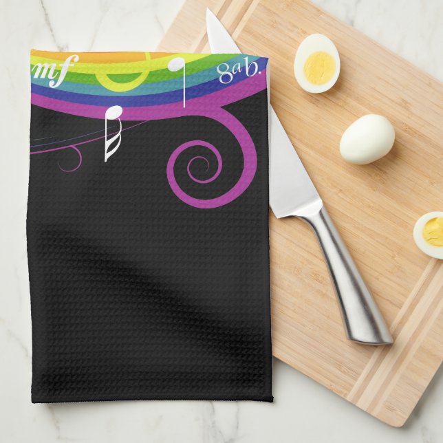 Rainbow White Music Notes on Black Kitchen Towel (Quarter Fold)