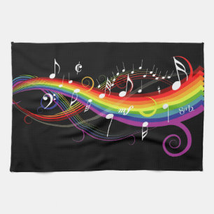 Rainbow White Music Notes on Black Kitchen Towel