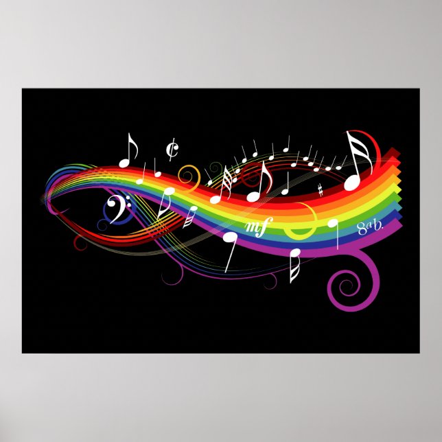 Rainbow White Music Notes on Black Poster (Front)