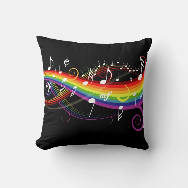 Rainbow White Music Notes on Black Throw Pillow (Front)