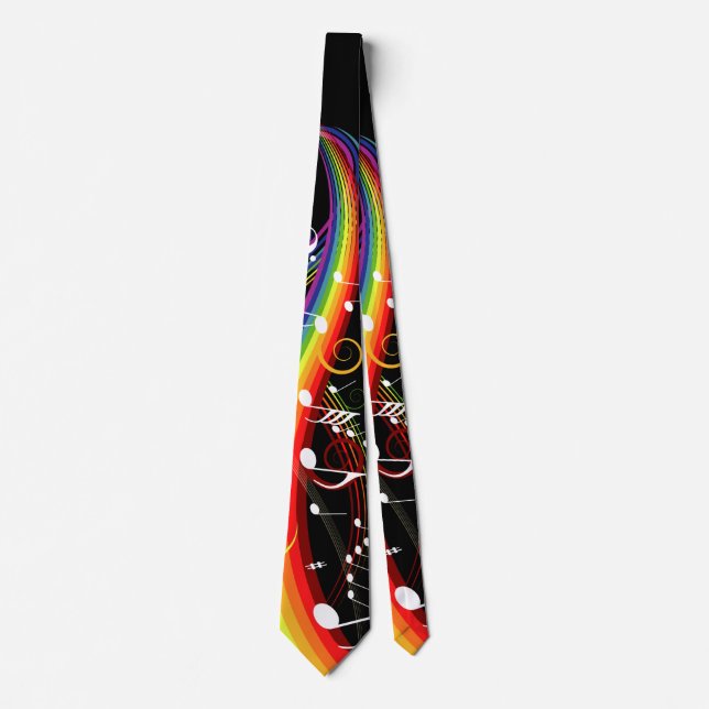 Rainbow White Music Notes on Black Tie (Front)