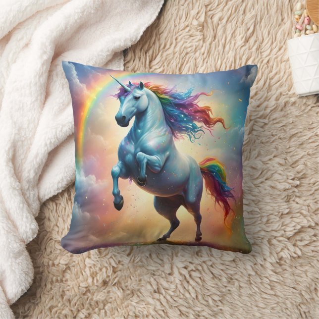 Rainbow White Unicorn Rearing, Throw Pillow (Blanket)