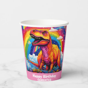 Rainbow Wild One birthday T Rex Dinosaur Pink Paper Cups