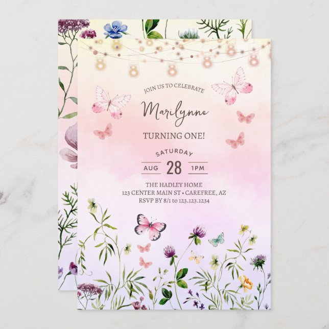 Rainbow Wildflower Boho 1st Birthday Invitation (Front/Back)