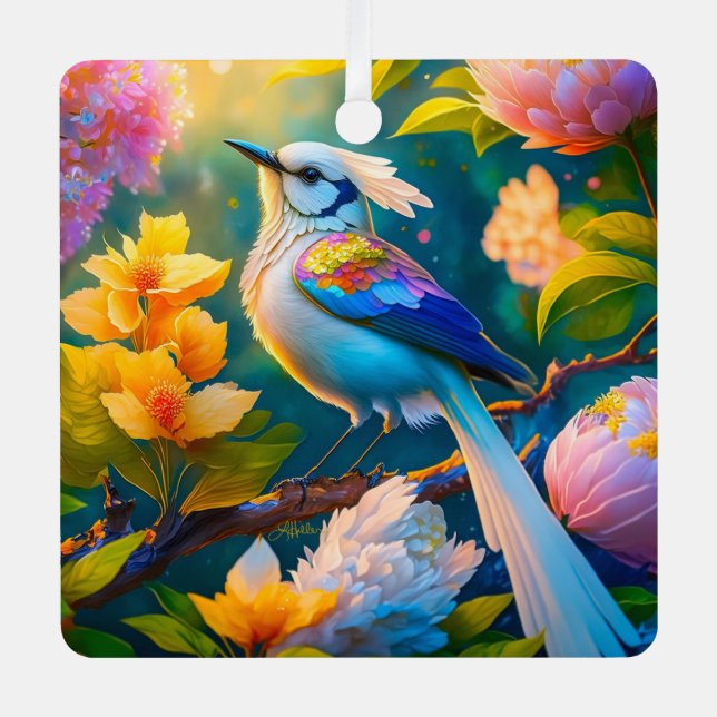 Rainbow Winged Jay Fantasy Bird Metal Ornament (Front)