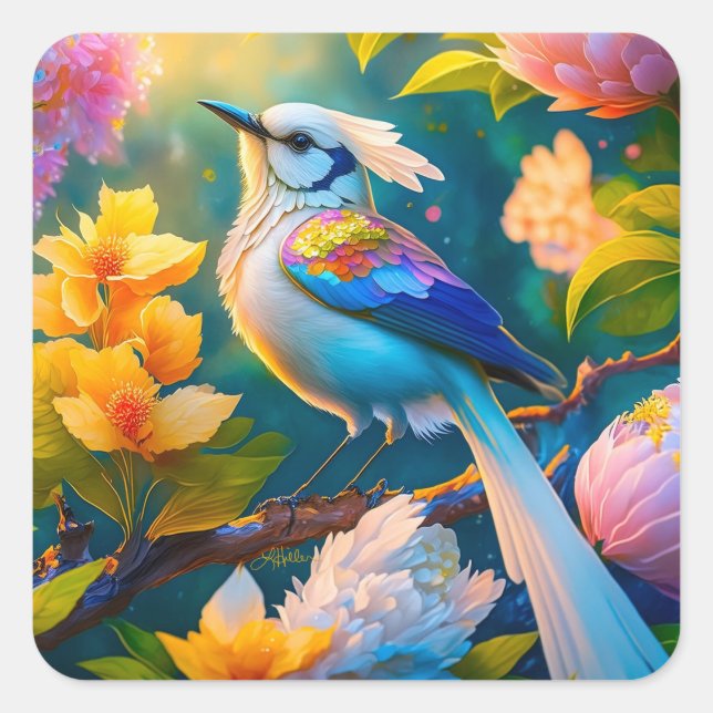Rainbow Winged Jay Fantasy Bird Square Sticker (Front)