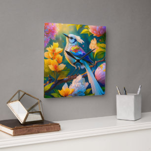 Rainbow Winged Jay Fantasy Bird Square Wall Clock