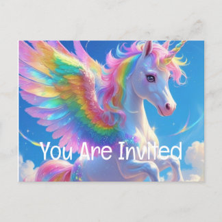 Rainbow Winged Prancing Unicorn  Invitation Postcard