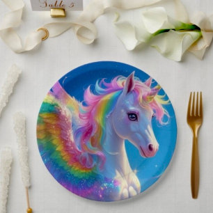 Rainbow Winged Prancing Unicorn Paper Plate