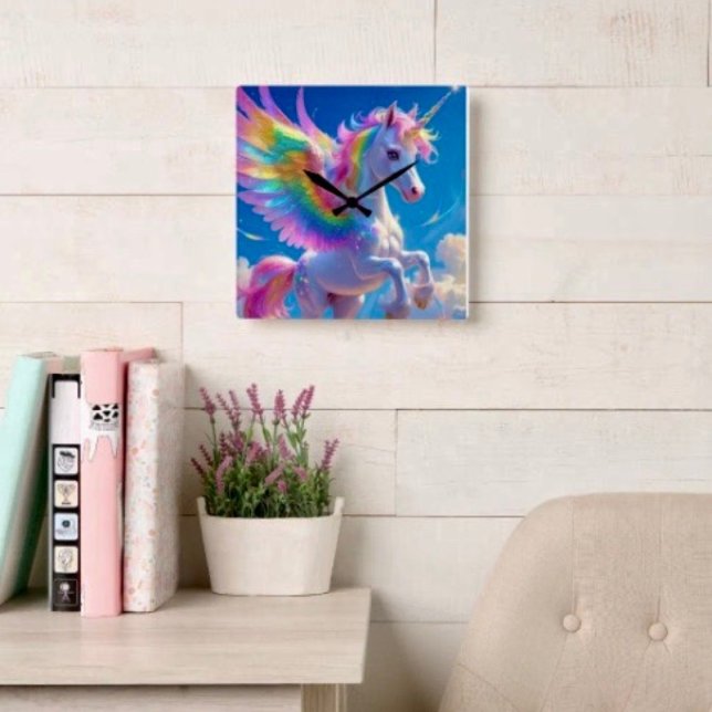 Rainbow Winged Prancing Unicorn Square Wall Clock (Creator Uploaded)