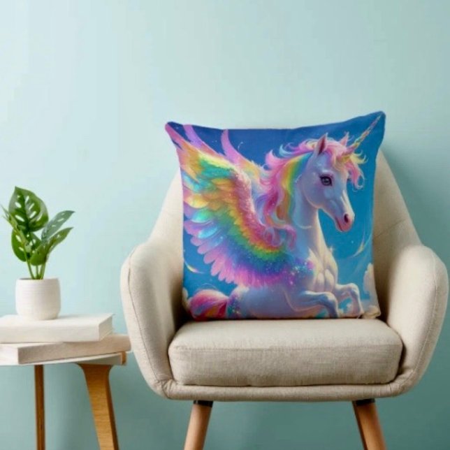 Rainbow Winged Prancing Unicorn Throw Pillow (Creator Uploaded)