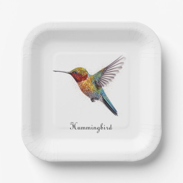 Rainbow Wings: Vibrant Hummingbird Art, custom Paper Plate (Front)