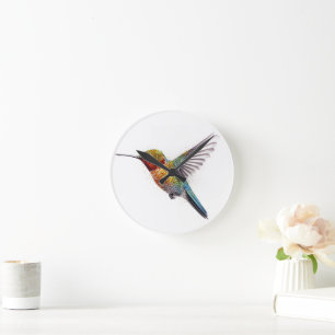 Rainbow Wings: Vibrant Hummingbird Art Round Clock