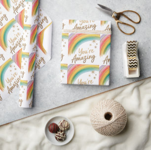 Rainbow with Gold Glitter and "You're Amazing"Text Wrapping Paper