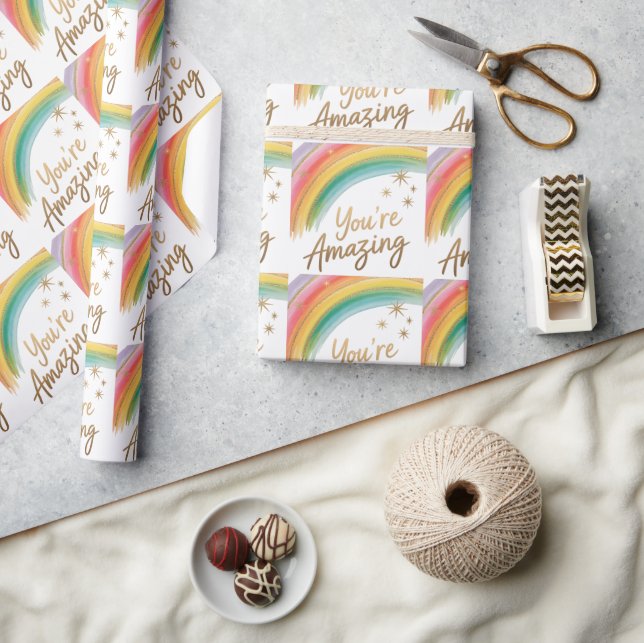 Rainbow with Gold Glitter and "You're Amazing"Text Wrapping Paper (Crafts)