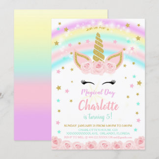 Rainbow With Pink Flowers Unicorn Invitation