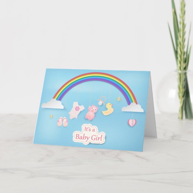 Rainbow with toy shower baby girl card (Front)