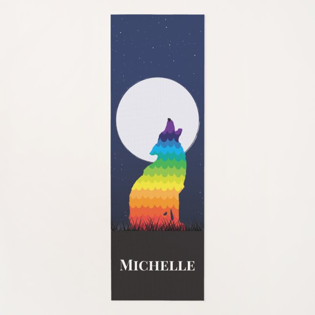 Rainbow Wolf and Moon Personalized Yoga Mat (Front)