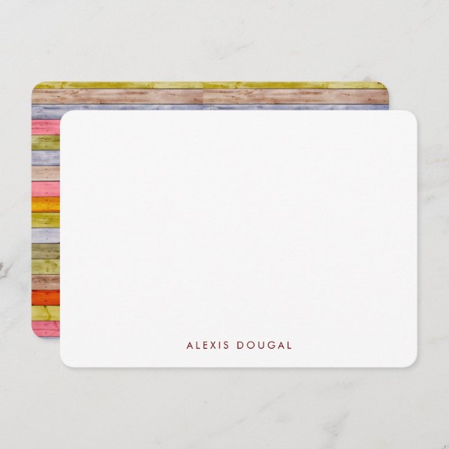 Rainbow Woodgrain Rustic Personalized Stationery Card (Front/Back)