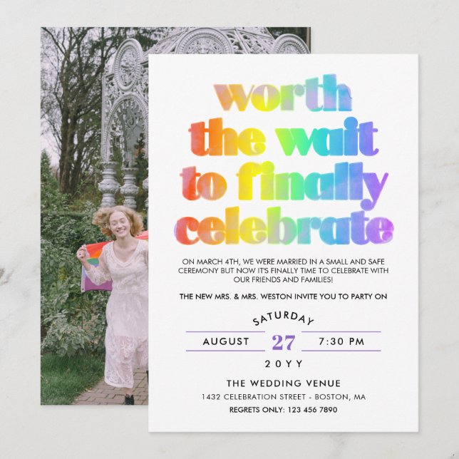 Rainbow Worth the Wait Sequel Wedding Celebration Invitation (Front/Back)