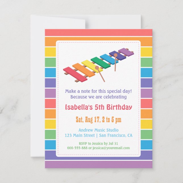 Rainbow Xylophone Kids Music Themed Birthday Party Invitation (Front)