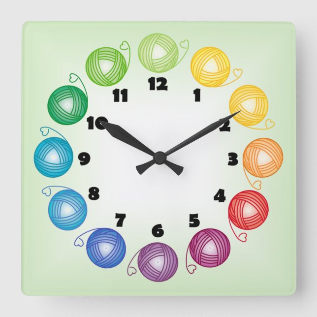 Rainbow yarn ball Square Wall Clock with numbers (Front)