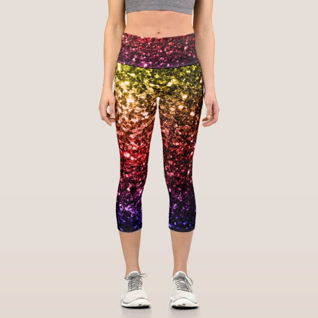 Rainbow yellow red purple faux glitter sparkles capri leggings (Front)
