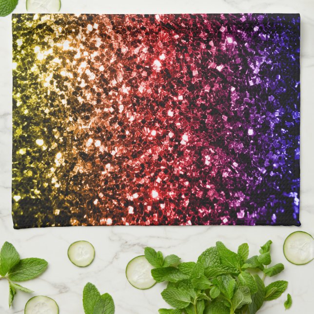 Rainbow yellow red purple faux glitter sparkles kitchen towel (Folded)