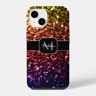 Rainbow yellow red purple faux sparkles Monogram iPhone 14 Case