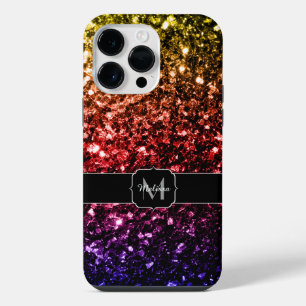 Rainbow yellow red purple faux sparkles Monogram iPhone 14 Pro Max Case