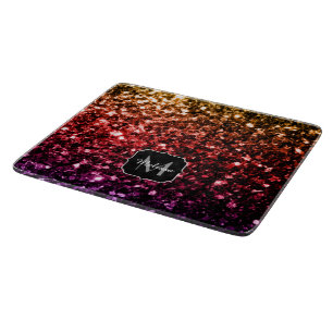 Rainbow yellow red purple sparkles Monogram Cutting Board