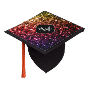Rainbow yellow red purple sparkles Monogram Graduation Cap Topper