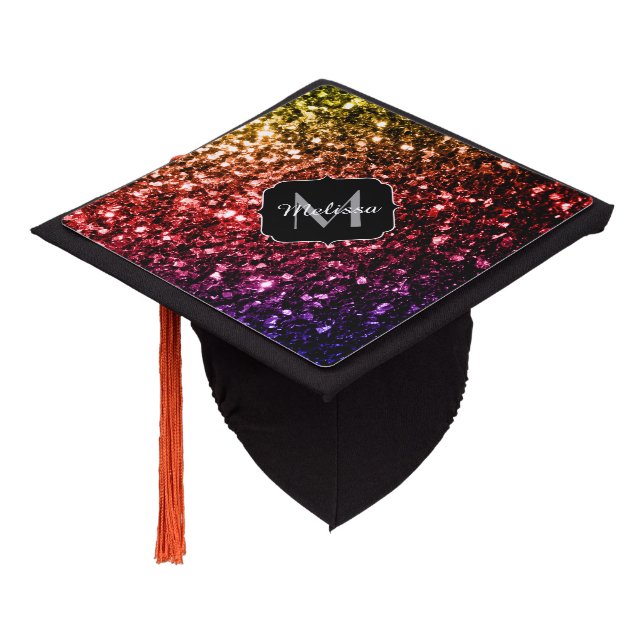 Rainbow yellow red purple sparkles Monogram Graduation Cap Topper (Angled)