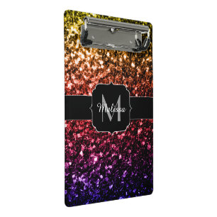 Rainbow yellow red purple sparkles Monogram Mini Clipboard