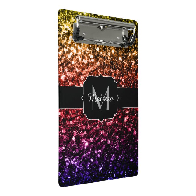 Rainbow yellow red purple sparkles Monogram Mini Clipboard (Angled)