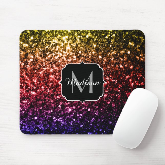 Rainbow yellow red purple sparkles Monogram Mouse Pad (With Mouse)
