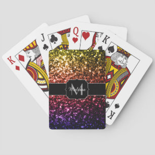 Rainbow yellow red purple sparkles Monogram Playing Cards